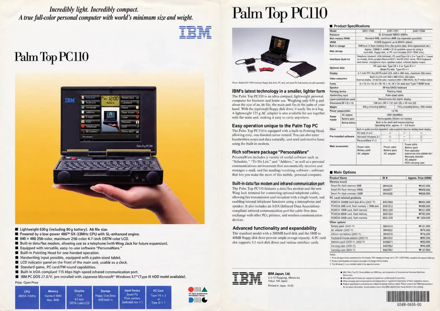 October 1995 launch leaflet: the PC110 held in one hand on the front, the three models and the options price list on the back