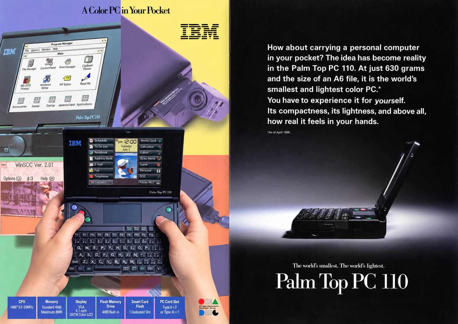 May 1996 brochure: 'A Color PC in Your Pocket' collage cover, and the opening page asking 'How about carrying a personal computer in your pocket?'