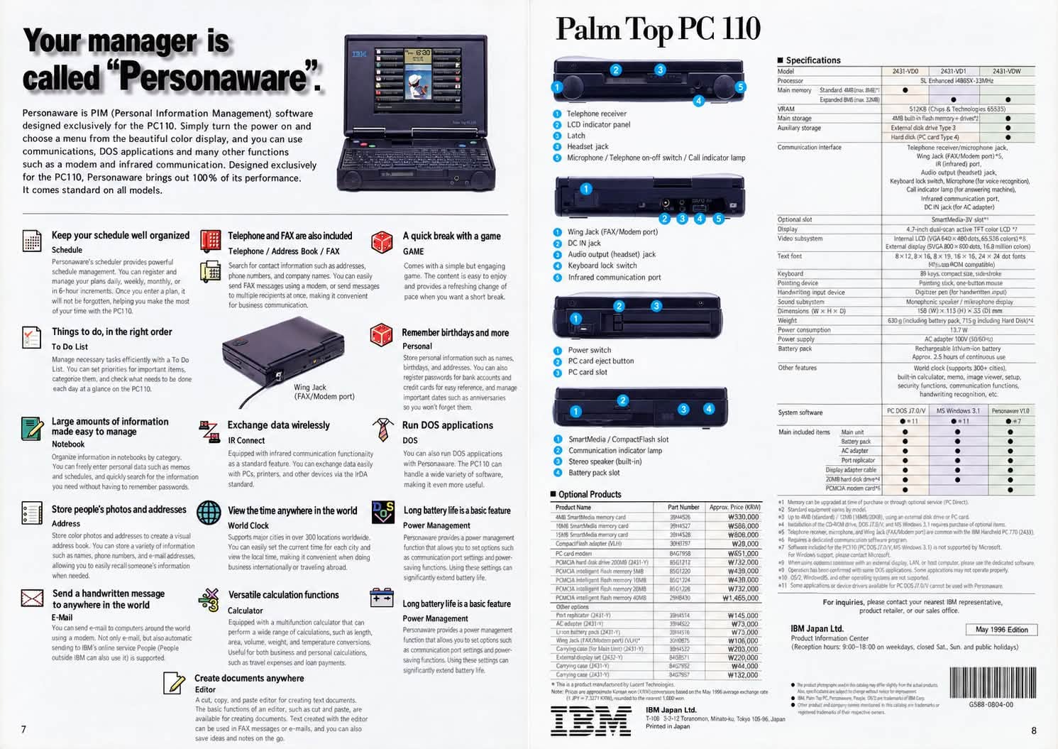 May 1996 brochure pages 7 and 8: 'Your manager is called Personaware', the port diagrams and the full specification table