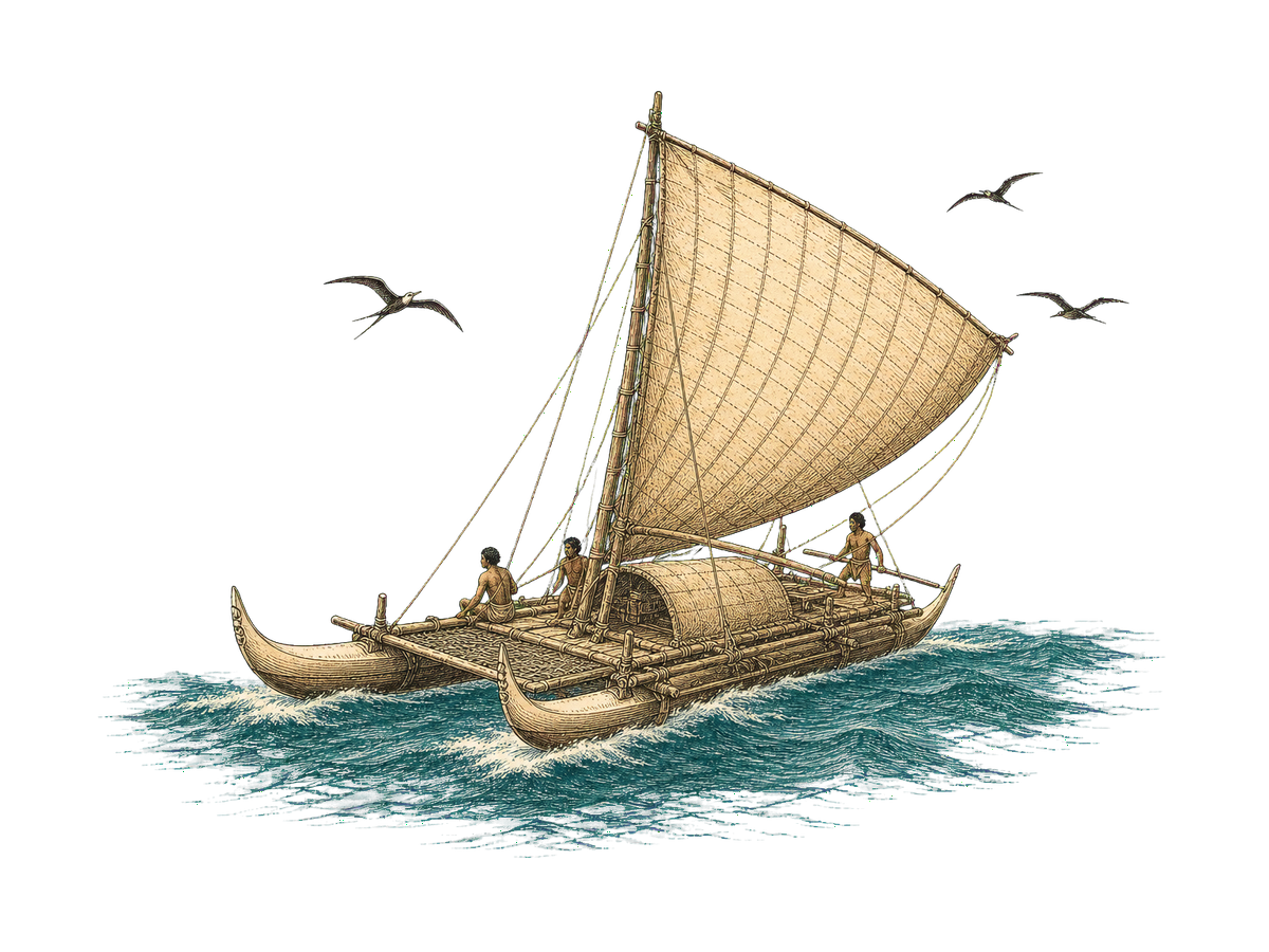 A double-hulled Polynesian voyaging canoe under sail