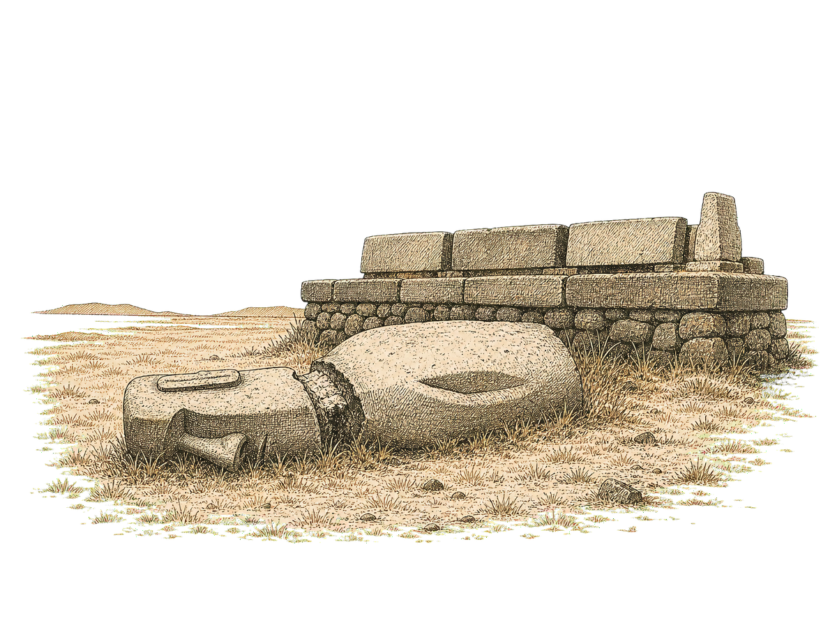 A toppled moai lying face down beside its ahu